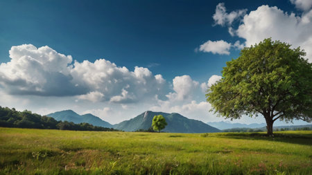 Beautiful summer landscape with green meadow, trees and mountains in the backgroundの写真素材