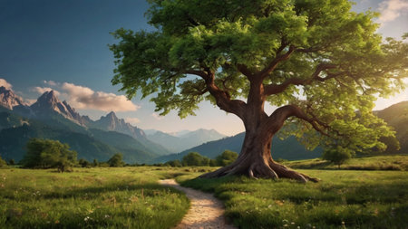 Beautiful summer landscape with old tree on meadow and mountains in background