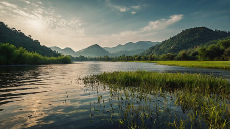 Landscape view of the lake and mountains in the morning, Thailandの写真素材