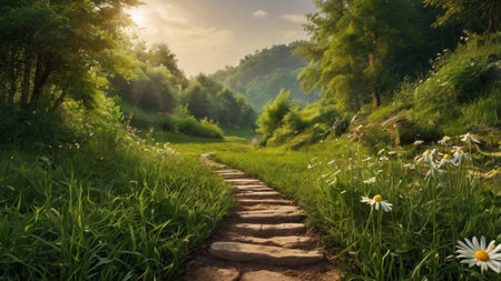 Beautiful summer landscape in the park with a path and daisiesの写真素材