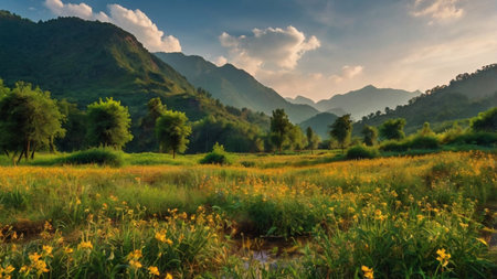Landscape of meadow with yellow flowers in the mountains at sunsetの写真素材