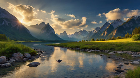 Mountain landscape with river and mountains in the background at sunset.の写真素材