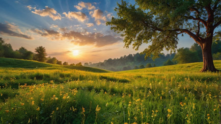 Sunset over a green meadow with trees and flowers in summerの写真素材