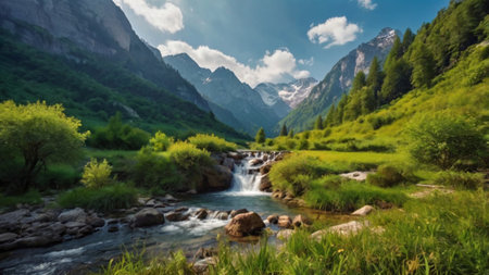 Beautiful mountain landscape with a waterfall and a valley in the backgroundの写真素材