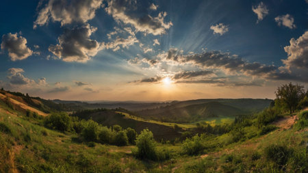 Sunset in the countryside. Panoramic view of the countryside.