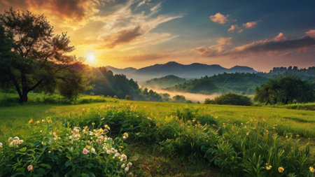 Beautiful landscape with sunrise over the meadow in the mountains.