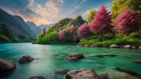 Panoramic view of a mountain river with green and pink flowersの写真素材