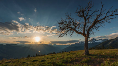 Lonely tree in the mountains against the background of the setting sunの写真素材