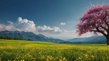 Beautiful spring landscape with blooming tree and mountains in the backgroundの写真素材