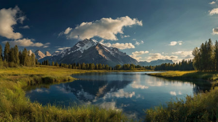 panoramic view of alpine lake and mountains in background at sunsetの写真素材