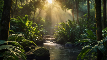 Tropical rainforest with stream and sunbeams in morningの写真素材