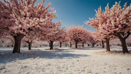 Cherry blossoms in the snow. Spring landscape with cherry trees.の写真素材