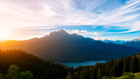 Panoramic view of the lake in the mountains at sunset.の写真素材
