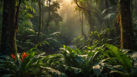 Tropical rainforest in the morning with sunlight and fog.