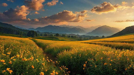 Beautiful yellow flower field with mountain background at sunset. Panoramaの写真素材