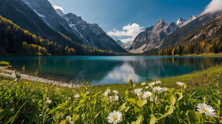 Panoramic view of the lake in the Alps