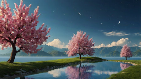 Cherry blossoms in the spring on the lake, 3d render