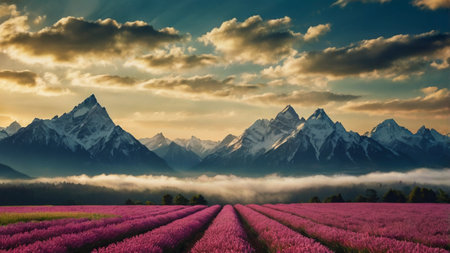 Beautiful panorama of blooming field with mountain peaks in the backgroundの写真素材