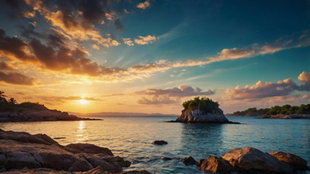 Beautiful seascape with a rocky island in the sea at sunsetの写真素材