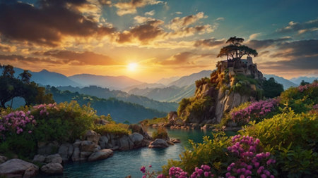Panoramic view of beautiful lake in the mountains at sunset.の写真素材