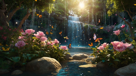 Beautiful flower garden with waterfall and butterfly.3d render.の写真素材