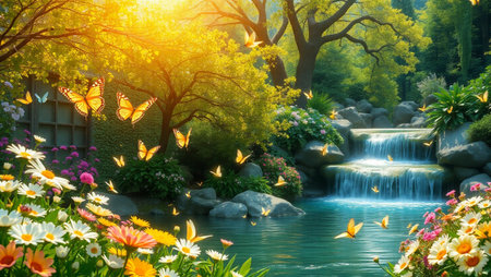 Beautiful spring garden with waterfalls and butterflies. Nature background.の写真素材