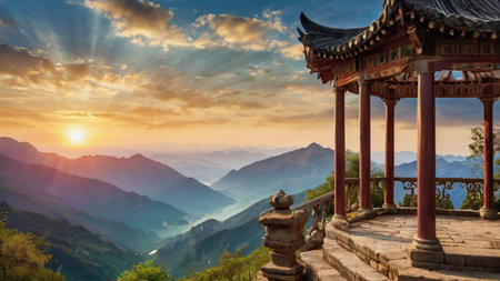 Mountain landscape with pavilion at sunset in Yunnan, Chinaの写真素材