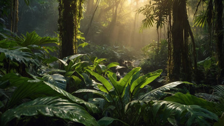 Tropical rainforest in the morning with sunlight shining through the treesの写真素材