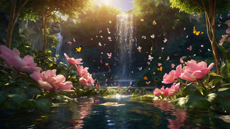 Waterfall in the garden with pink lotus and butterflies at sunsetの写真素材
