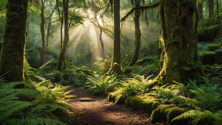 Hiking trail in the rainforest with fog and sunlight in the morning