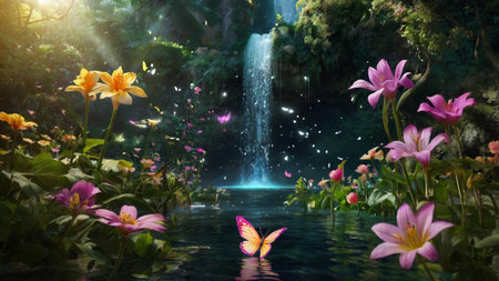 3D render of a beautiful fantasy garden with a waterfall and butterfliesの写真素材