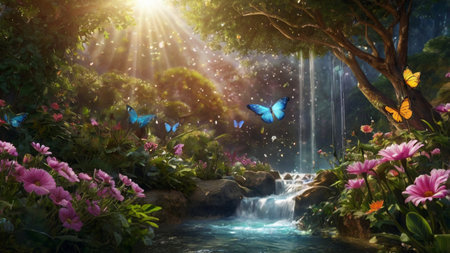 3d rendering of a beautiful tropical garden with a waterfall and butterfliesの写真素材