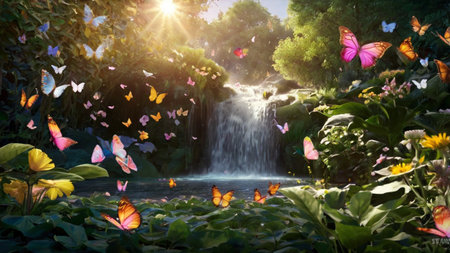Butterflies flying over a waterfall in a lush green garden.の写真素材
