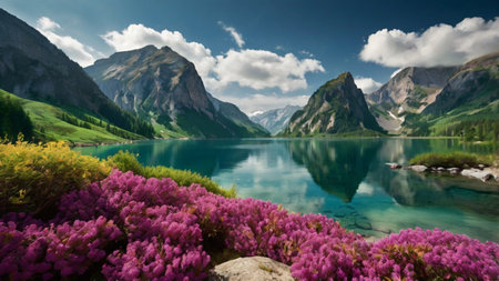 Panoramic view of beautiful alpine lake with pink rhododendron flowersの写真素材