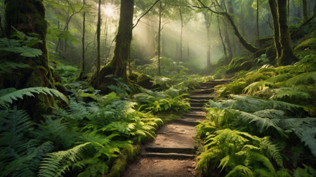 Path in the green forest with ferns and trees at sunriseの写真素材