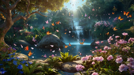 Beautiful fantasy landscape with waterfall and butterflies. 3d rendering.の写真素材