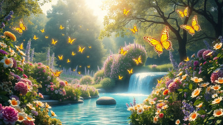Beautiful summer landscape with a waterfall, flowers and butterflies. 3d renderingの写真素材
