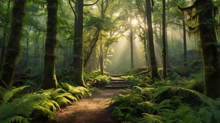 Hiking trail in a misty forest with ferns and treesの写真素材