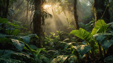 Tropical rainforest with sunbeams in the morning.の写真素材