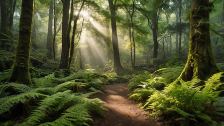 Hiking trail in the green forest with ferns and fogの写真素材