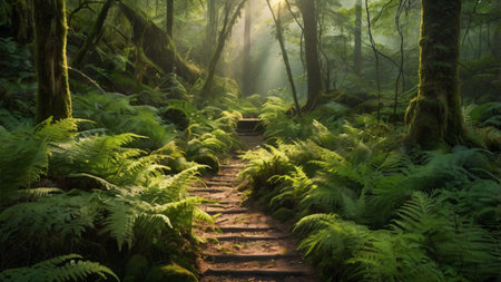 Hiking trail in misty forest with ferns and sunbeamsの写真素材