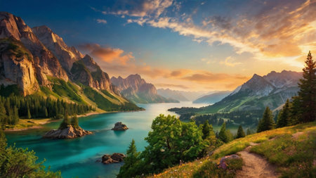 Panoramic view of Dolomites mountain lake at sunrise, Italyの写真素材