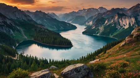 Mountain lake in the Dolomites at sunset, Italy.
