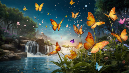 Butterflies fly over the waterfall in the jungle. 3d renderingの写真素材