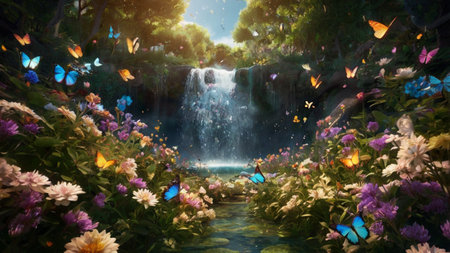 Waterfall in the park with flowers and butterflies. 3d renderingの写真素材