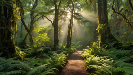 Footpath in the rainforest in New Zealand. Panorama.