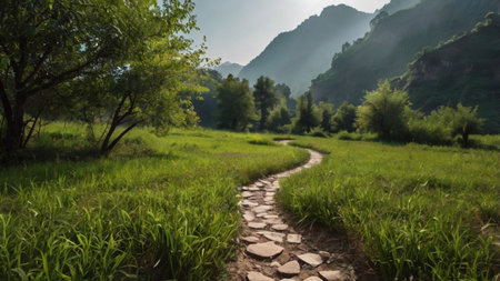 Landscape view of a path in the mountains with trees and grassの写真素材