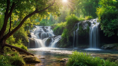 beautiful waterfall in the forest with sunlight and green nature background.の写真素材