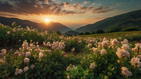 Sunset in the mountains. Panoramic view of the meadow with flowers.の写真素材