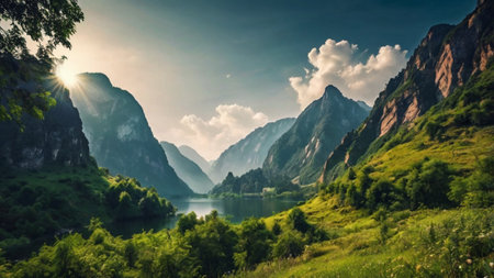 Beautiful summer landscape with alpine lake and high rocks in the mountainsの写真素材